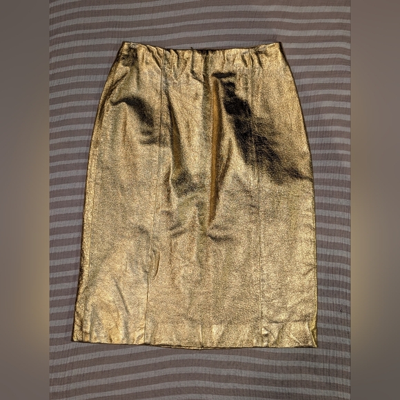 Vintage R2R Gold Leather Skirt Women Lined Pencil 90s Sz 6 Metallic 80s Madonna - Picture 1 of 10